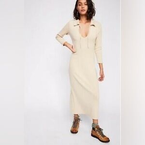Free People Lazy Days Body-con Maxi Dress in a Creamy Cotton Spandex Ribbed Knit